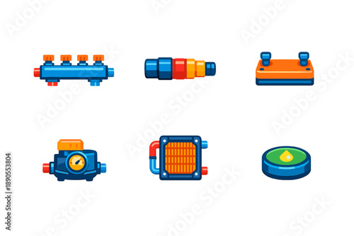 Different types of mechanical parts for machines displayed in a simple arrangement showing their shapes and functions at a workspace