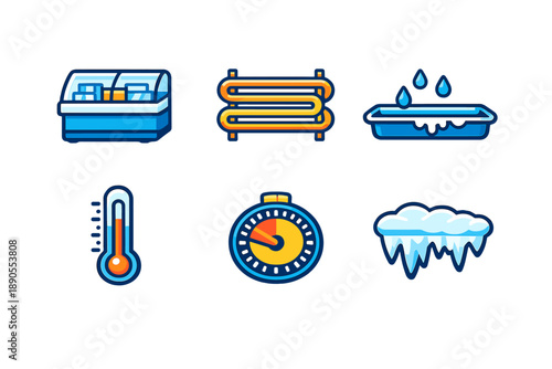 Different tools and symbols show information about temperature, heat, and time related to cooking or food storage in a simple setup