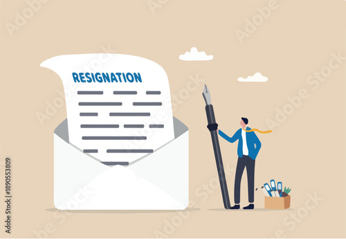 Professional write resignation letter to quit job or inform to leave company, change new job or notify boss, manager of dismissal concept, businessman professional with pen writing resignation email.