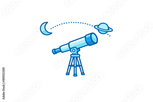 Telescope placed on a stand pointing at the moon and planets in a night sky for stargazing and observation