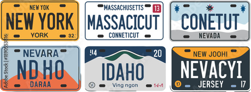 Humorous fictional license plate designs parodying U.S. states with altered spellings and creative layouts for satire, pop art, or design themes.