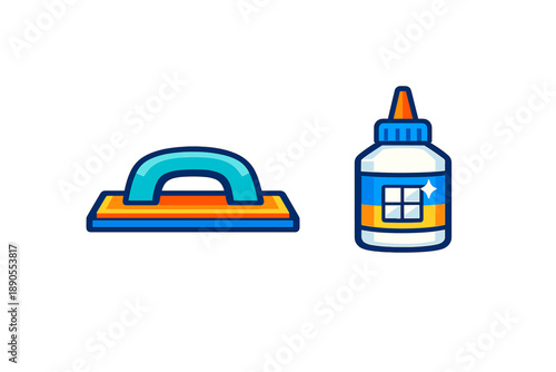 Bright and simple objects used for crafting and school projects seen on a white background with a focus on glue and a crafting tool