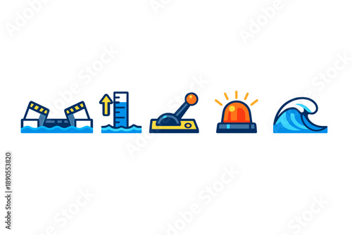 Icons representing flooding events and emergency response in a simple graphic format for safety awareness campaigns