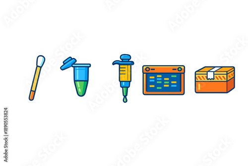 Medical tools are arranged neatly, showing a swab, a test tube, a syringe, a calendar, and a box which may contain various supplies