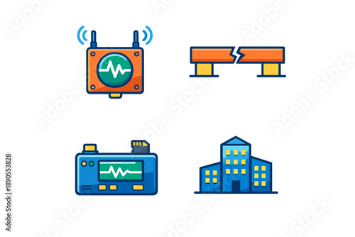 Four icons showing different technology tools used in monitoring and detecting systems for various applications during work