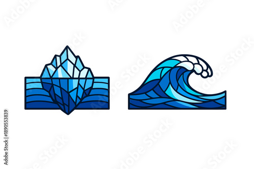 Design showing an iceberg and a wave in blue colors, illustrating the contrast between solid ice and moving water. The image conveys elements of nature and ocean life
