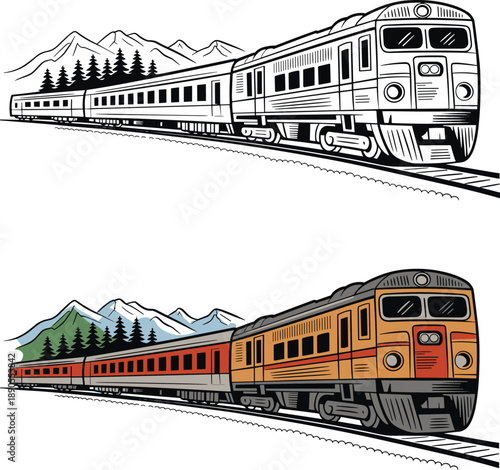 Scenic mountain train journey with snow-capped peaks, pine forests, and vibrant landscape in color and monochrome illustration for travel and nature themes.