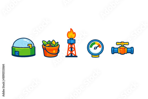 Icons representing resources and activities in a stylized, modern design showing various aspects of energy production and management in a simplified format
