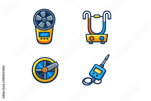 Different devices used for measuring and testing in various fields shown in bright colors and simple designs on a white background