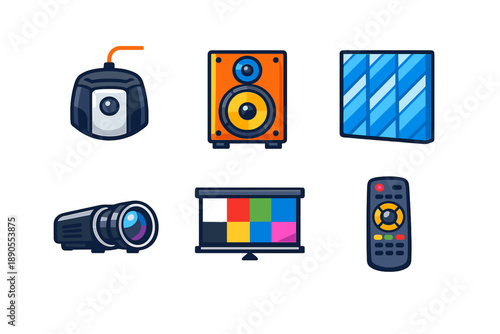 Different electronics are shown on a white background along with a projector, speaker, control panel, and screen used for presentations and entertainment