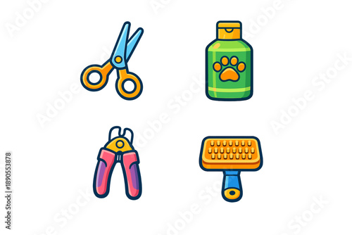 Tools for caring for pets including scissors, a shampoo bottle, nail clippers, and a grooming brush shown against a white background