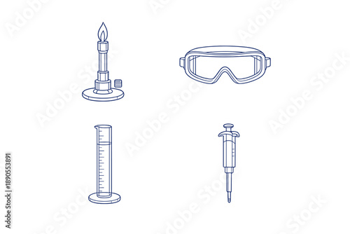 Laboratory tools are arranged for experiments in a science classroom setting, with a Bunsen burner, goggles, measuring cylinder, and syringe visible