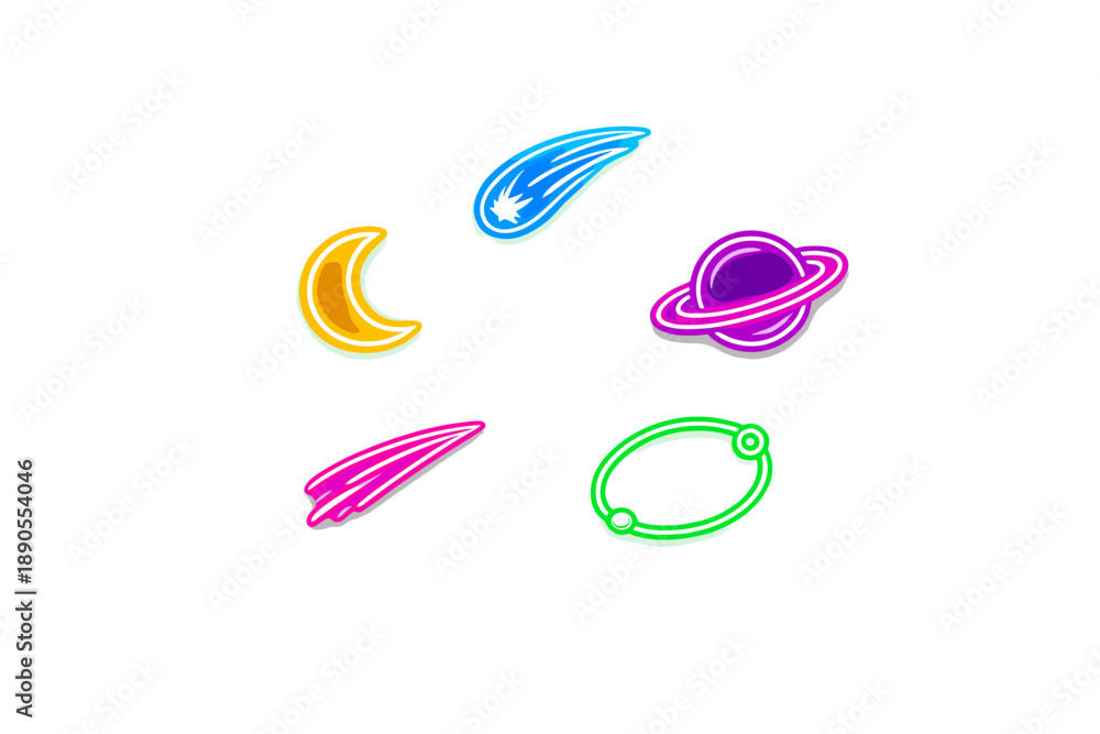 Fototapeta premium Colorful neon designs of celestial objects like planets, stars, and comets on a white background creating a bright and fun space theme