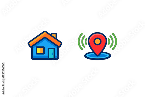 Icon shows a blue house and a location marker with signal waves, representing home and location tracking technology in a modern context