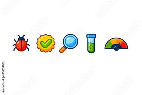 Various icons show activities related to inspections and testing in a laboratory setting, commonly used in health and safety contexts to represent bugs, validation, analysis, and results