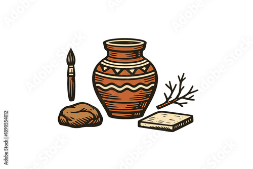 Workshop shows pottery tools and materials with a clay pot, paint brush, stone, and wooden stick on a table in a craft space