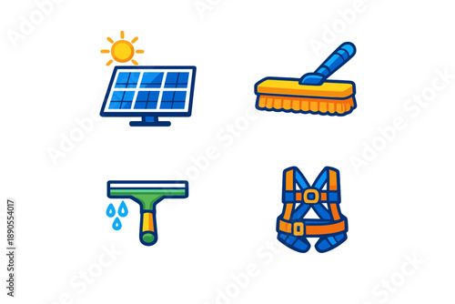 Cleaning tools and solar panel used for service in bright weather with a focus on safety gear and maintenance equipment