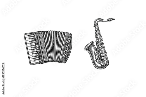 Accordion and saxophone sit together on a white background showing instruments commonly used in music performances and bands