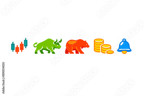 Bull and bear symbols with charts and coins in a financial market setting showing trading activity