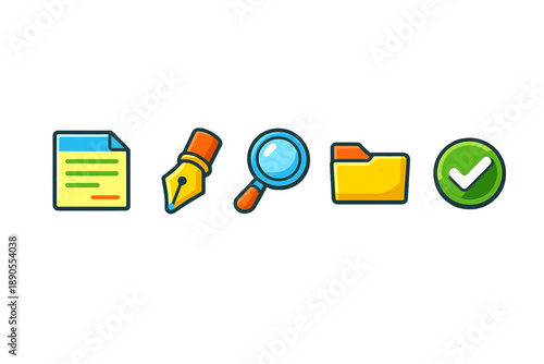 Icons showing various office tasks including writing, searching, organizing files and confirming completion at a workspace