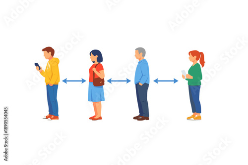 People standing in line with their phones at a busy location during the day while maintaining personal space from each other