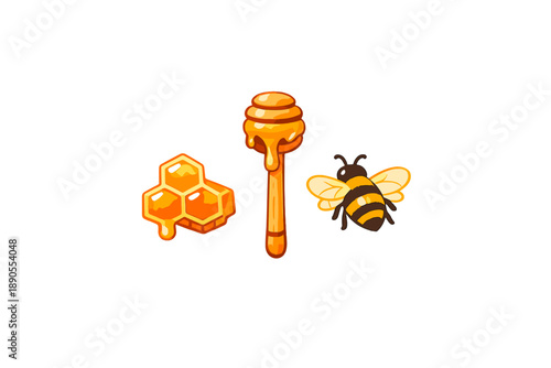 Honey, honeycomb, and bee in a simple graphic, illustrating the connection between these elements related to nature and food production