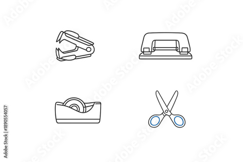 Tools for office tasks displayed on a plain background showing a stapler, tape dispenser, paper clip holder, and scissors for everyday use at work
