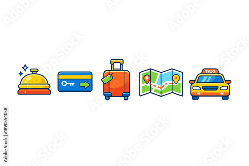 Travel process from checking in at a hotel to taking a taxi, with key items like luggage and maps, capturing the journey from arrival to exploration