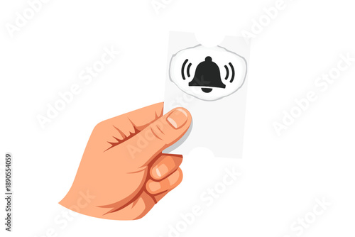 Hand holding a notification card with a bell icon showing a call for attention in a digital context