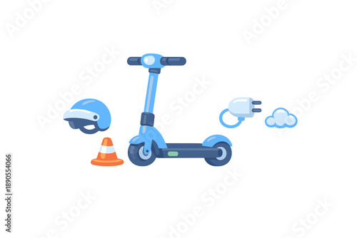 Electric scooter with safety gear and charging icon used for urban transportation during day time