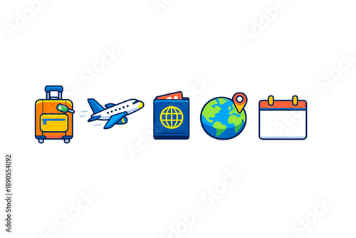Travel preparation steps including luggage, airplane, passport, globe, and calendar display for upcoming trip