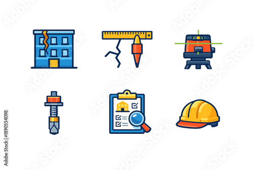 Construction items and tools are shown in different designs, illustrating the aspects of building and fixing structures in an urban area
