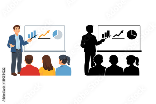 Business presenter shows data trends to audience at a workshop in a conference room during daytime
