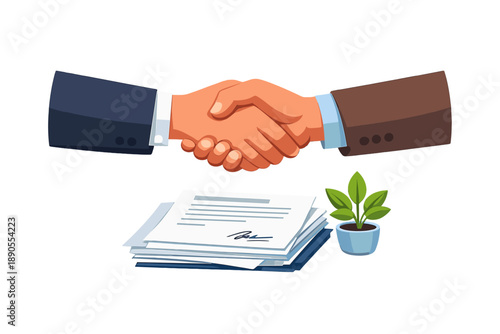 Business handshake takes place over signed documents on a desk with a small plant nearby during an office meeting