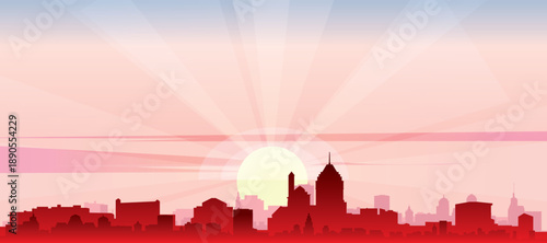 Red panoramic poster of the city skyline with misty background buildings, sunrise, moon and clouds of MISSISSAUGA, CANADA