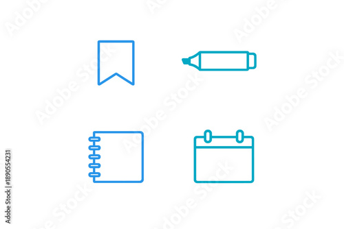 Various stationery items including a bookmark, highlighter, notebook, and calendar are arranged in a simple layout for easy viewing