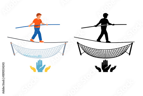 Balance exercise involves a person walking on a tightrope above a safety net with hands extending from below to provide support during the activity