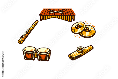 Musical instruments arranged on a white background with a focus on diverse percussion and wind instruments for an educational or artistic purpose