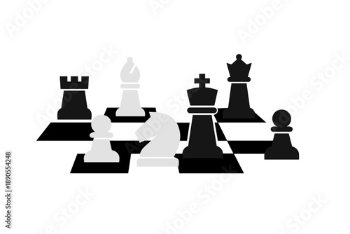 Chess pieces on a board during a game with black and white colors displayed in a simple arrangement