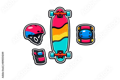 Colorful skateboard and safety gear placed on a white background showing a fun skateboarding setup for young riders