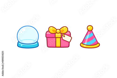 Colorful party items with a gift box, a snow globe, and a party hat on a plain background during a festive occasion