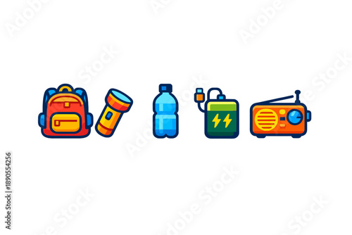 Camping gear includes a backpack, flashlight, water bottle, power bank, and radio for outdoor activities during a weekend trip