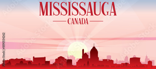 Red panoramic poster of the city skyline with misty background buildings, sunrise, moon and clouds of MISSISSAUGA, CANADA