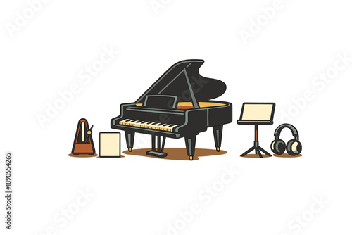 Classic grand piano setup with music stand, metronome, sheet music, and headphones placed on a simple surface