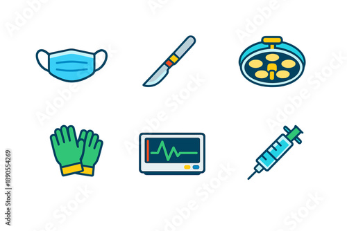 Medical tools and equipment are displayed for use in a surgical setting during a medical procedure in a hospital