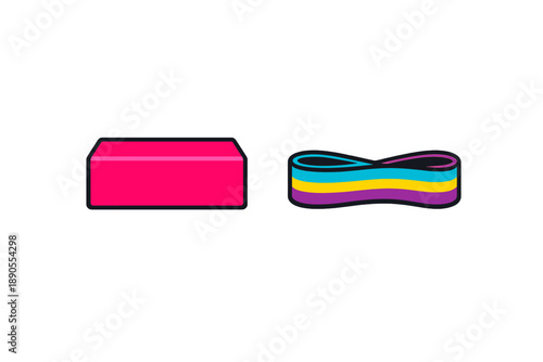 Colorful rubber band and pink eraser placed side by side on a white background in a simple and clear display showing office and school supplies