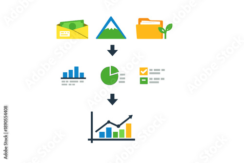 Visual representation shows steps in data analysis process using charts and graphs for business growth in a structured layout