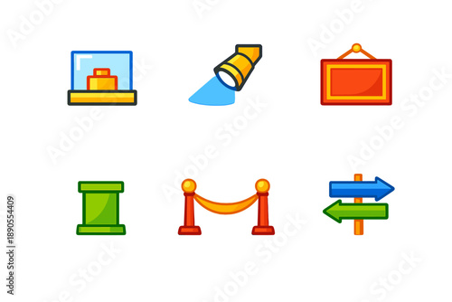 Icons showing elements of an exhibition or museum space including display cases, spotlight, frames, and barriers for guiding visitors
