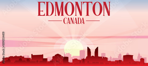Red panoramic poster of the city skyline with misty background buildings, sunrise, moon and clouds of EDMONTON, CANADA