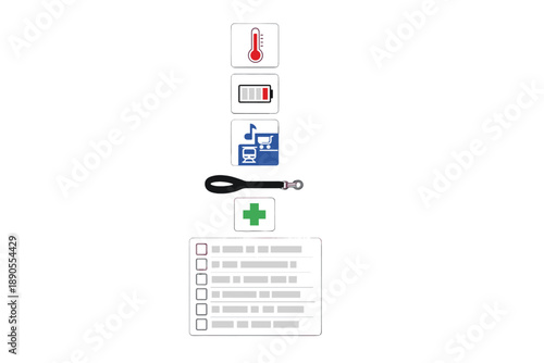 Symbols of health and technology shown as icons with different functions such as temperature, battery, music, transportation, and medical cross are listed